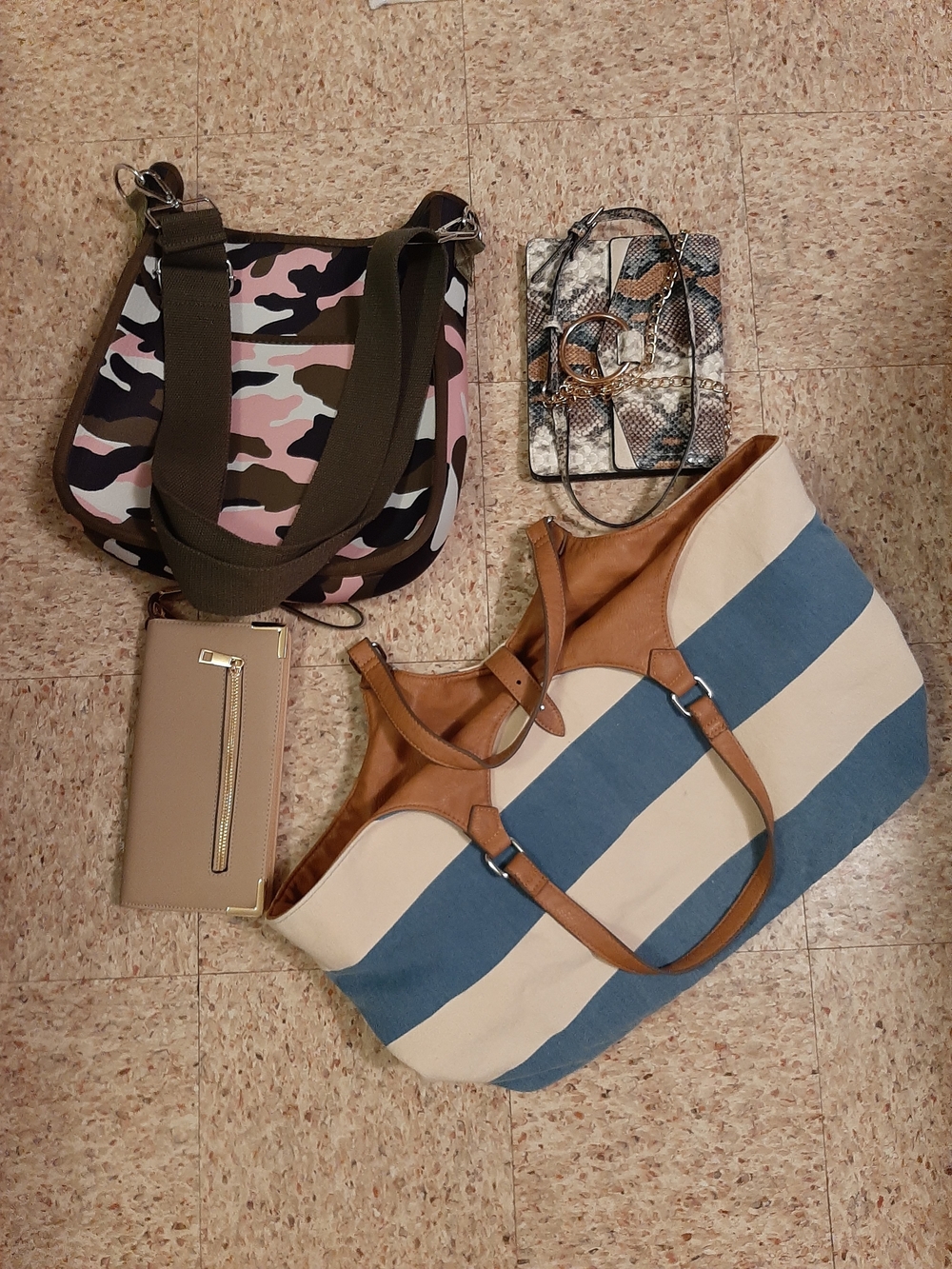 Striped Canvas Tote Bag with Tan Leather Trim - Blue & Cream